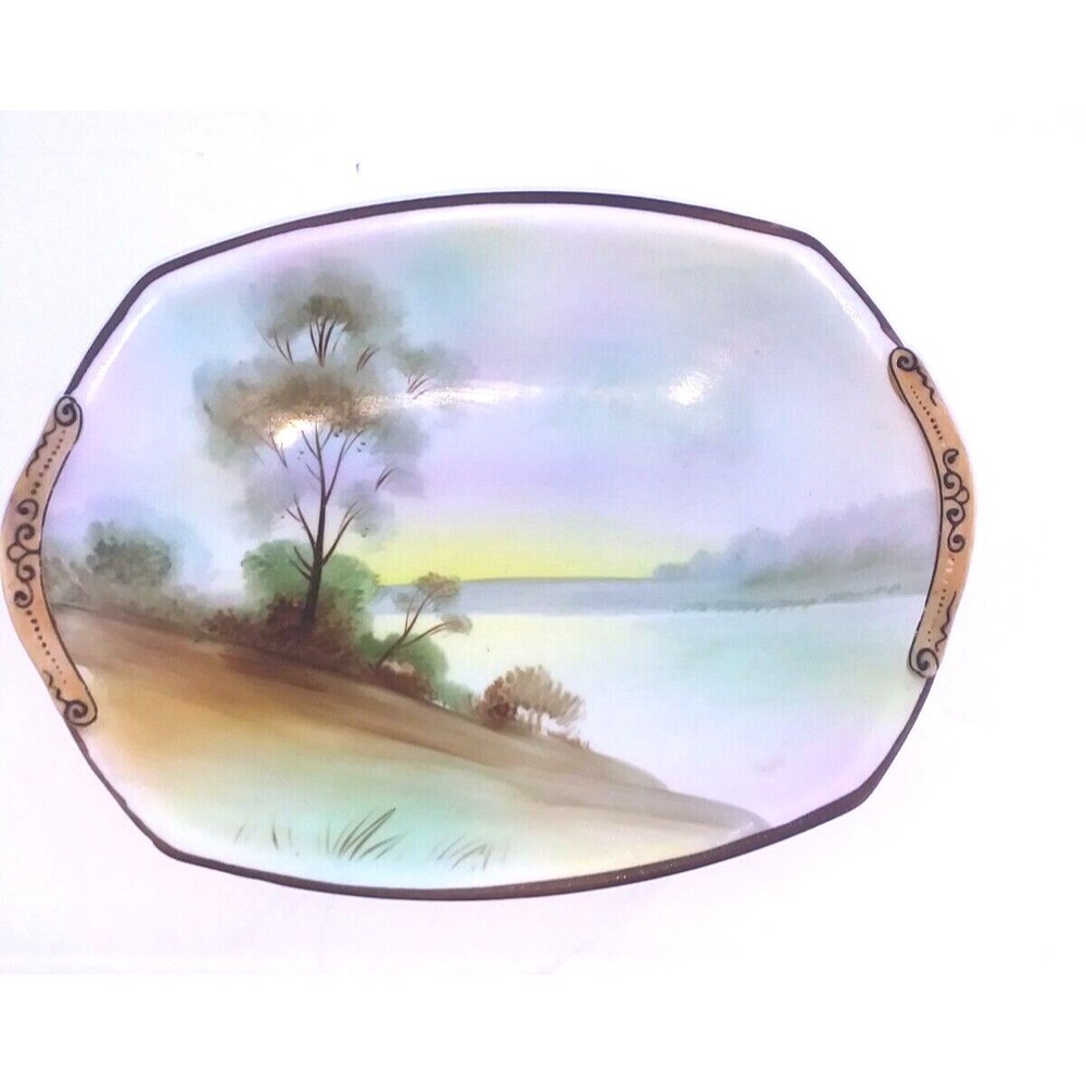 Hand Painted Nippon Oval Trinket Tray Porcelain Handles 7"